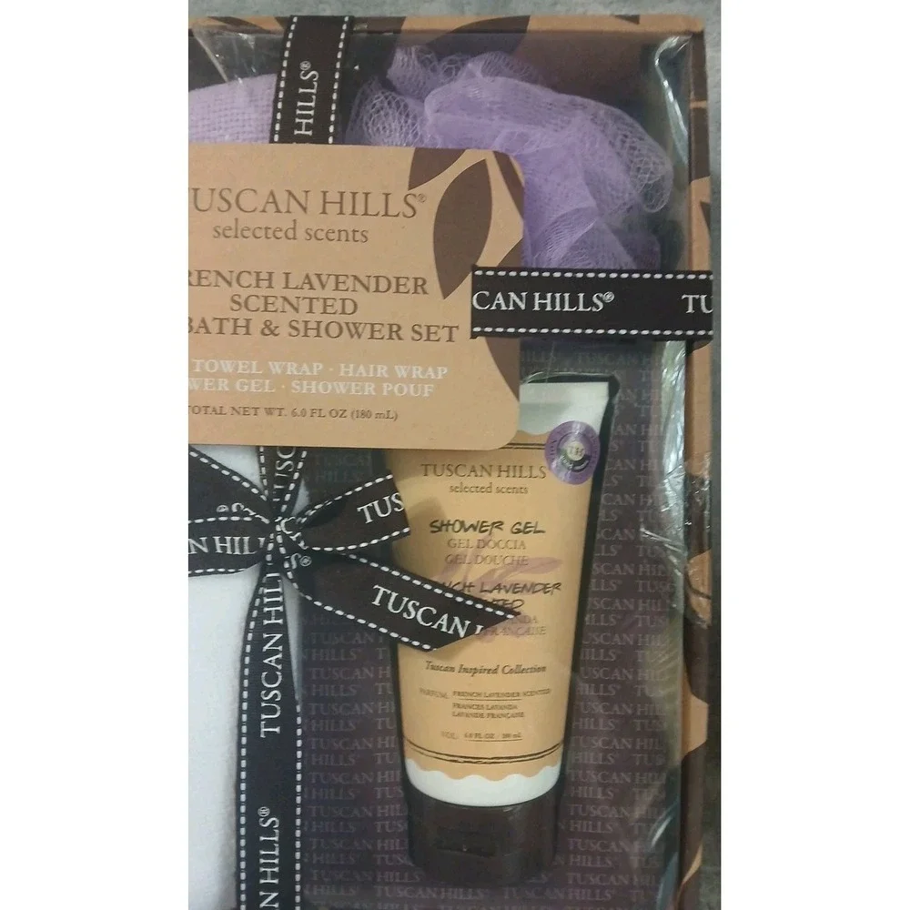 Tuscan Hill French Lavender‎ Spa Bath Shower Set Body Towel Hair Wrap Gel Pouf